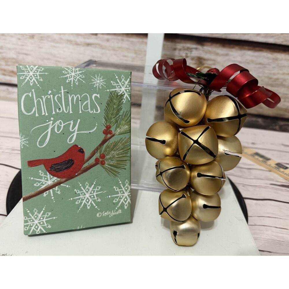 Gold Tone Metal Jingle Bells 6” Cluster And Small Canvas Christmas Decoration
